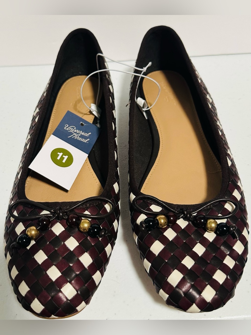 Universal Thread Brown, Black, and Cream Woven Ballet Flats with Bead Detail